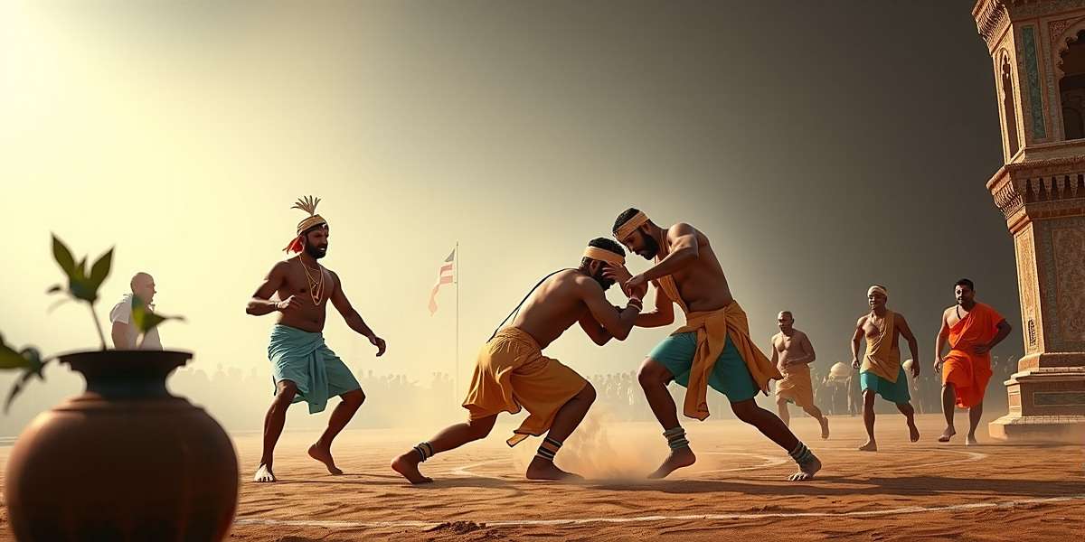 Wrestling Dangal Official Cover Wrestling Dangal game cover featuring Indian pehlwani wrestlers in traditional attire inside an akhara