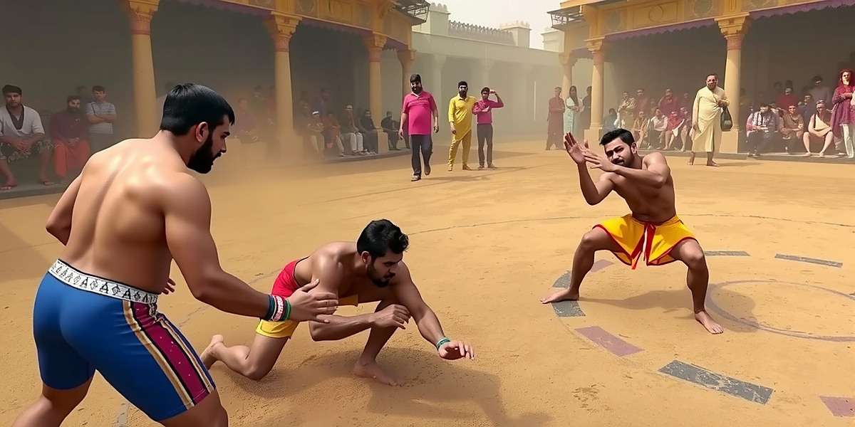 Wrestling Dangal Gameplay Screenshot Wrestling Dangal gameplay showing two wrestlers competing in a traditional mud akhara with spectators