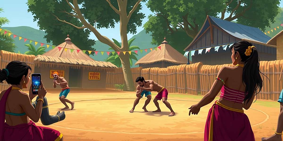 Wrestling Dangal Community Meetup Wrestling Dangal community event in a village setting with players competing in both virtual and real wrestling matches