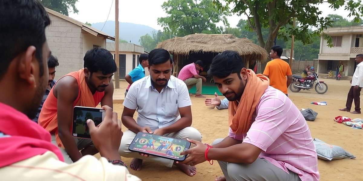 Wrestling Dangal Player Community Wrestling Dangal players gathered in a village setting, playing the game on mobile phones